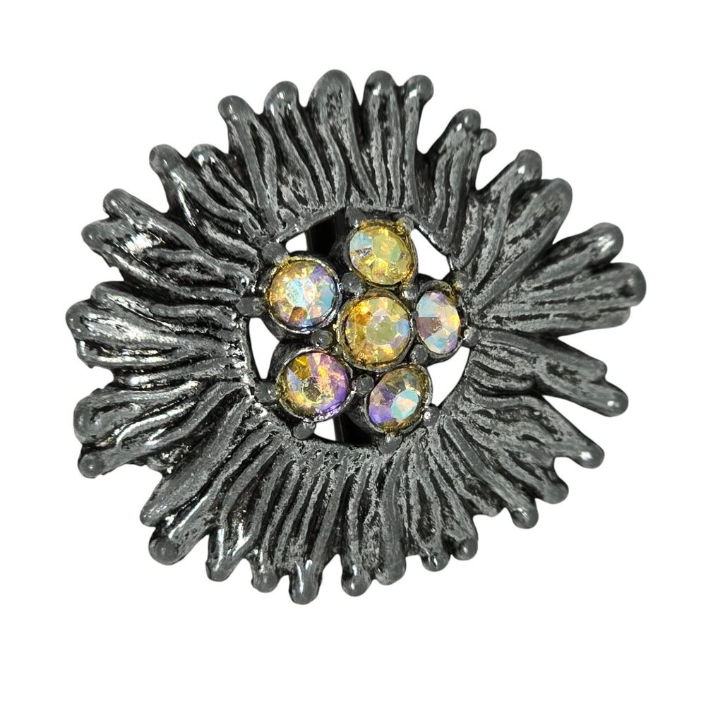 Vintage Sunflower-Inspired Brooch With Aurora Borealis Rhinestones & Silver-Tone